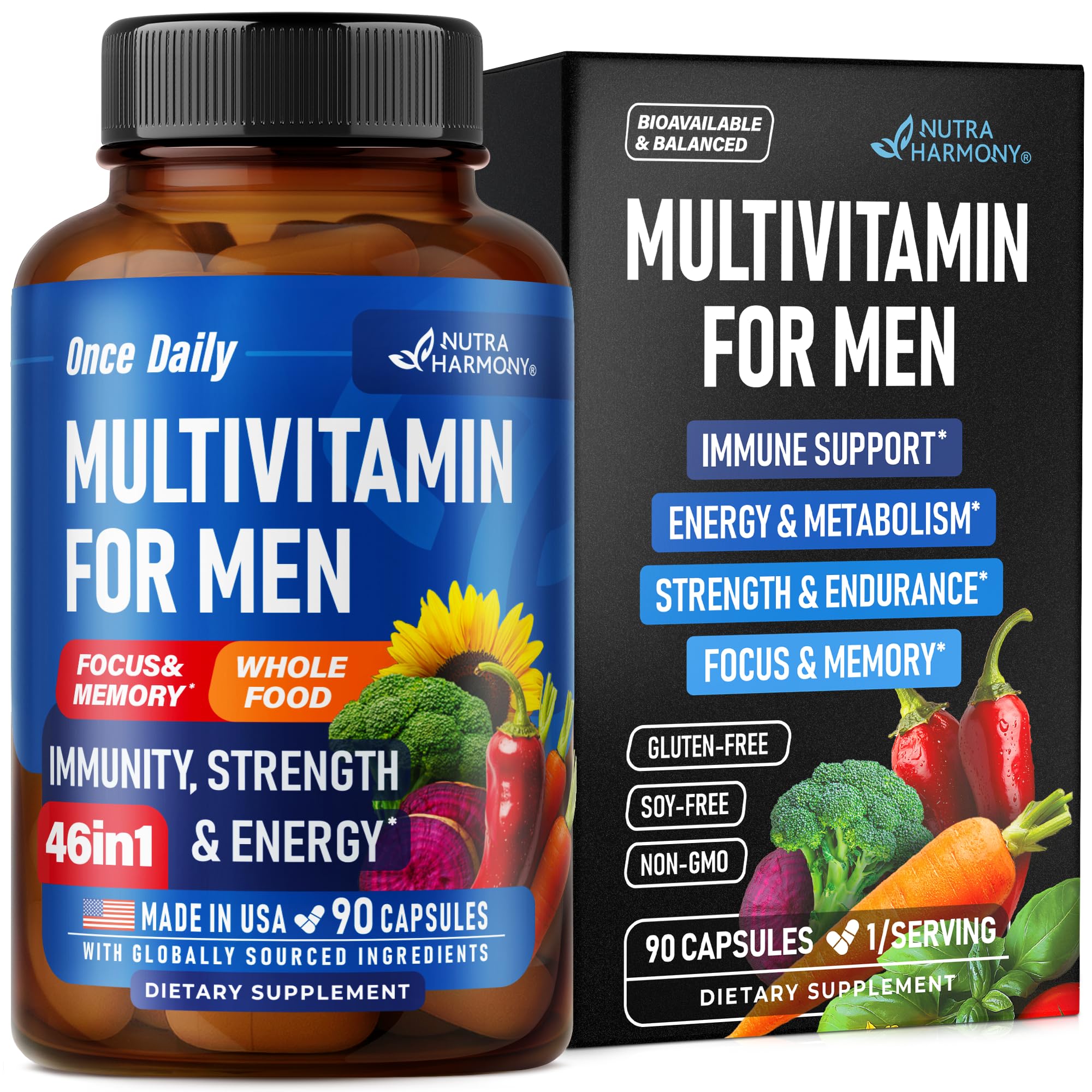 Front label showing bioavailable nutrients in the 46in1 men's multivitamin