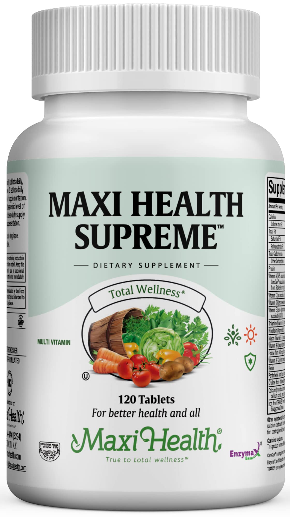 Front view of Maxi Health Supreme High Potency Multivitamin bottle for men and women