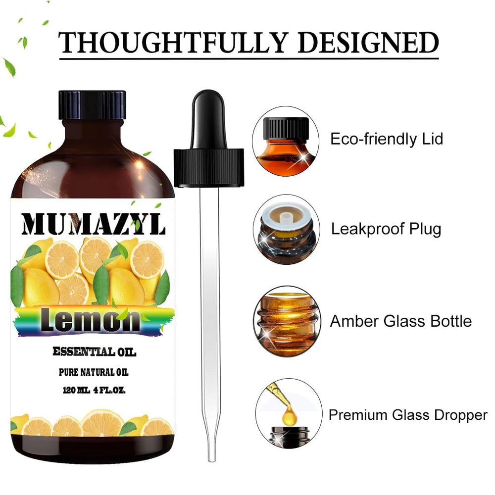 MUMAZYL Lemon Oil with dropper enables precise dosing for crafts and blends.