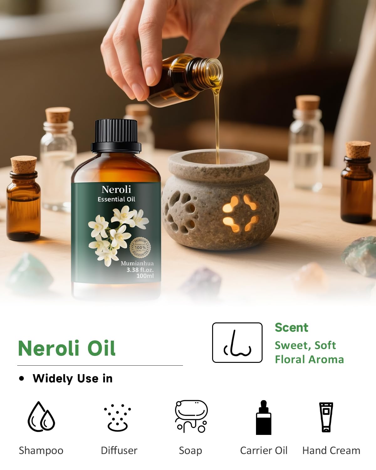 Skincare routine with Neroli essential oil blended into a carrier oil or serum
