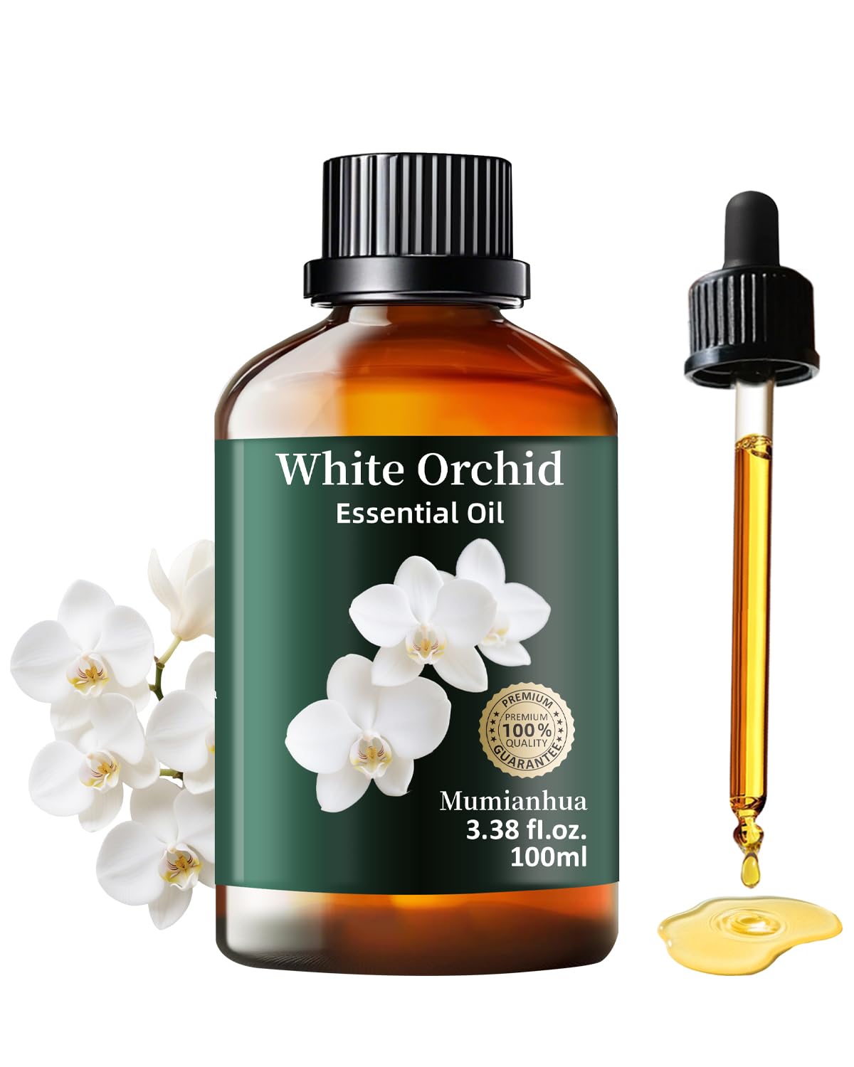 Bottle of Mumianhua White Orchid Essential Oil 100ml with dropper