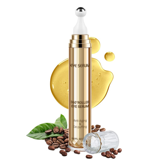 MUOCOBU caffeine eye serum bottle close-up shows cooling formula to reduce puffiness