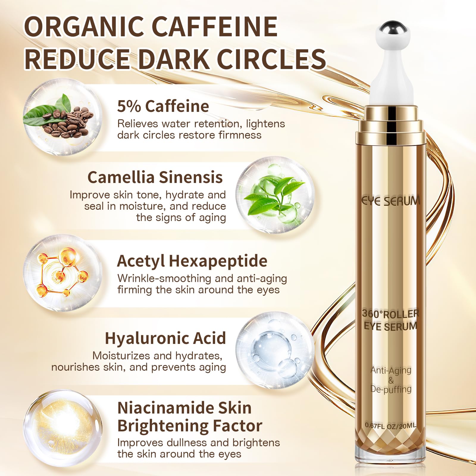 MUOCOBU caffeine eye serum roller-ball usage distributes evenly around the eye contour