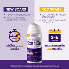 MURASAKI BEAUTY silicone scar gel SPF 30 label close-up for sun protection.