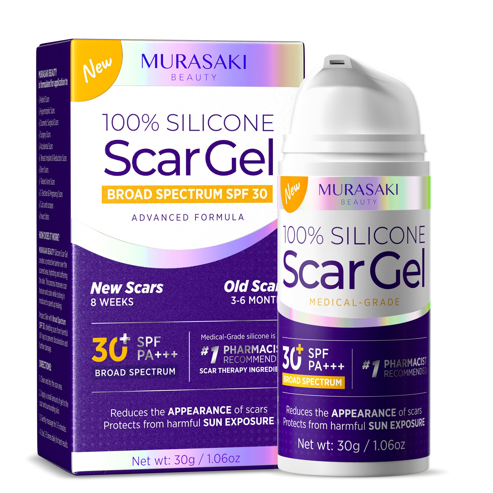 MURASAKI BEAUTY silicone scar gel bottle front view for easy daily scar care.