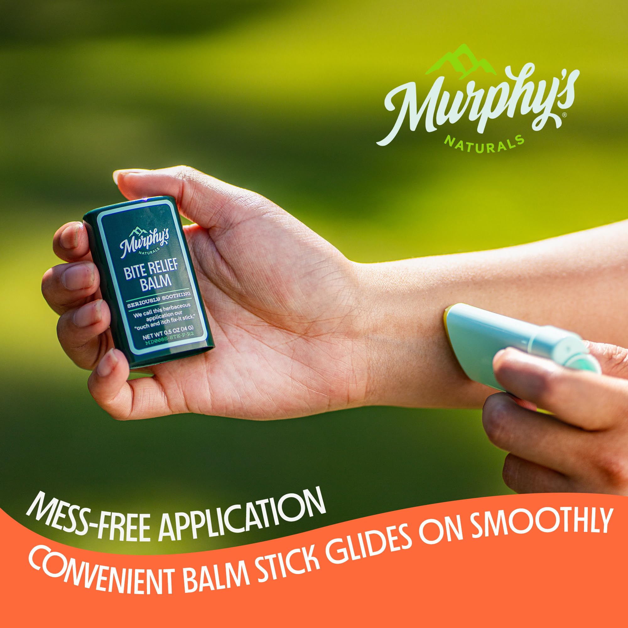 Murphy's Naturals bite relief balm-stick closeup showcases plant oils for gentle care.