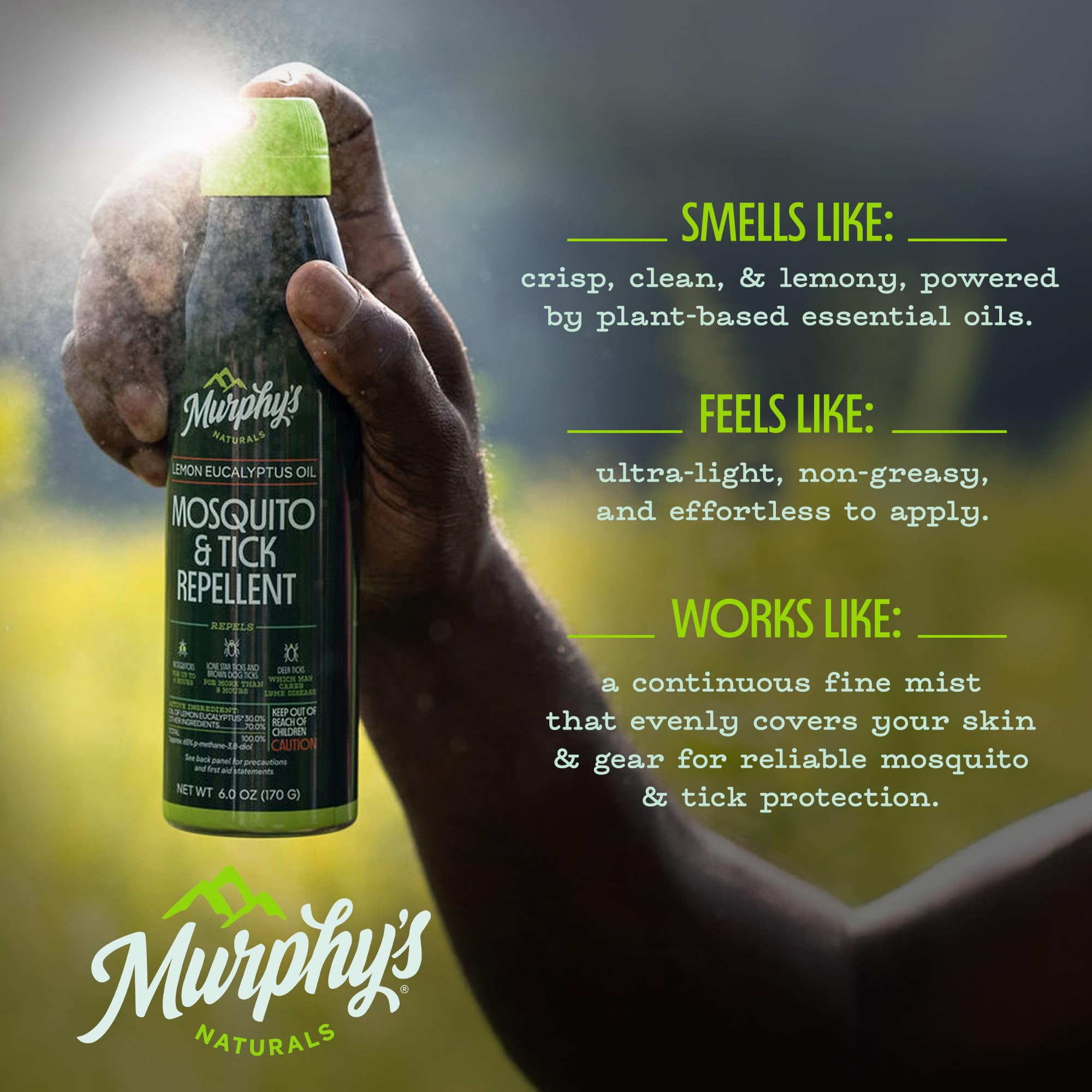 Murphy's Naturals Lemon Eucalyptus spray mist on skin for all-day scent.
