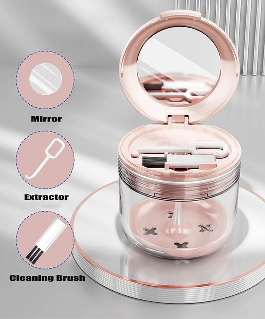 Pink denture bath case with attached mirror in travel-friendly design
