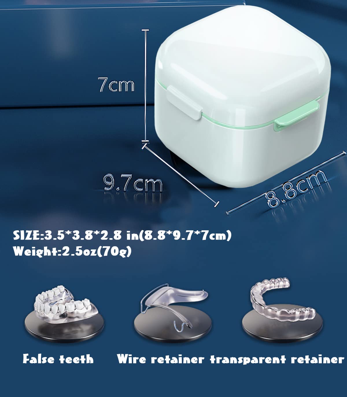 Packaging layout showing denture bath case retainer case and brush