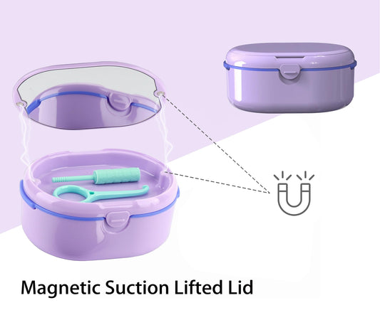 Close-up of purple denture bath case showing drain tray and mirror