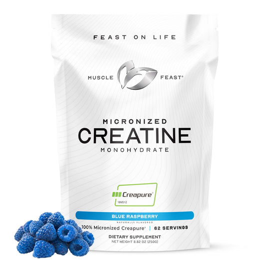 Front view of Muscle Feast Creapure Blue Raspberry 250g container