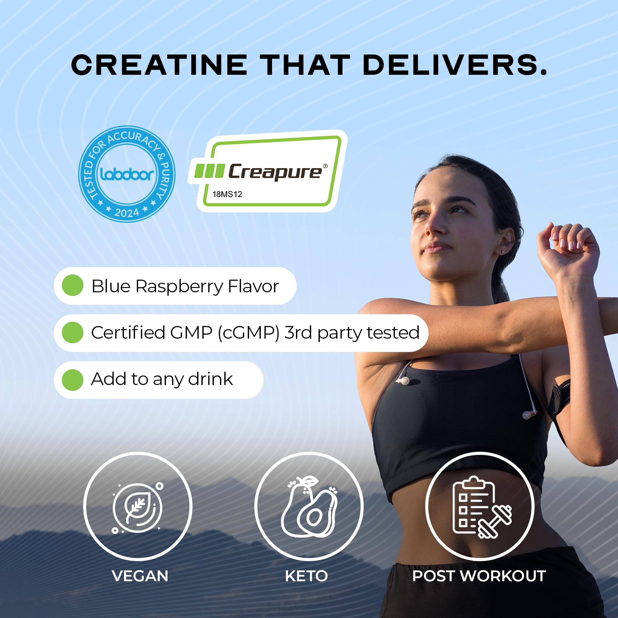Muscle Feast Creapure Creatine closeup label emphasizing purity and flavor.