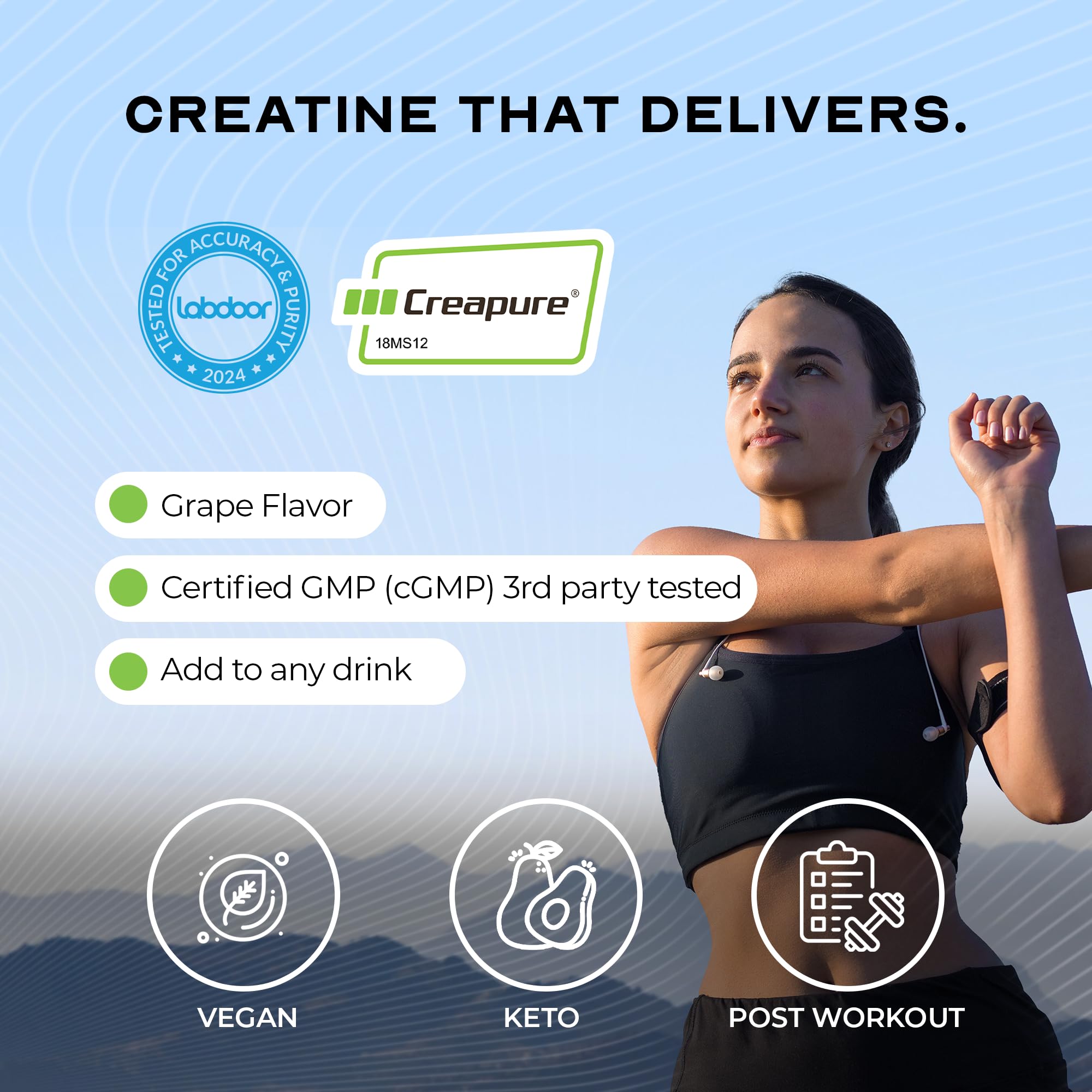 Muscle Feast Creapure Creatine Powder natural grape glass with water.