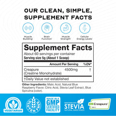 Muscle Feast Creapure Creatine tub label highlighting purity and serving size.
