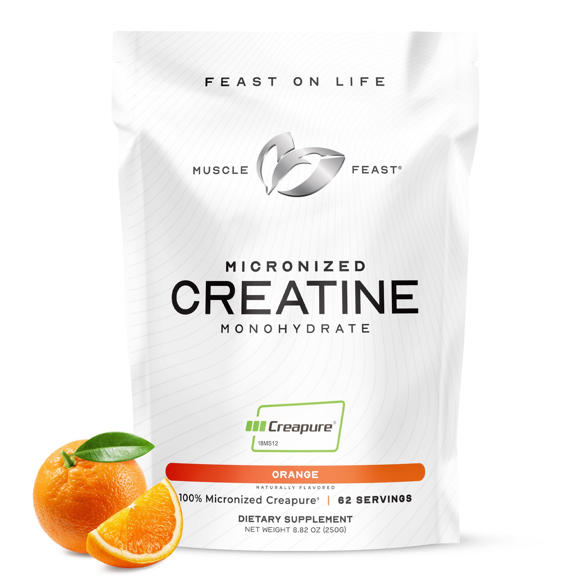 Muscle Feast Creapure orange creatine powder jar shows premium purity for workouts
