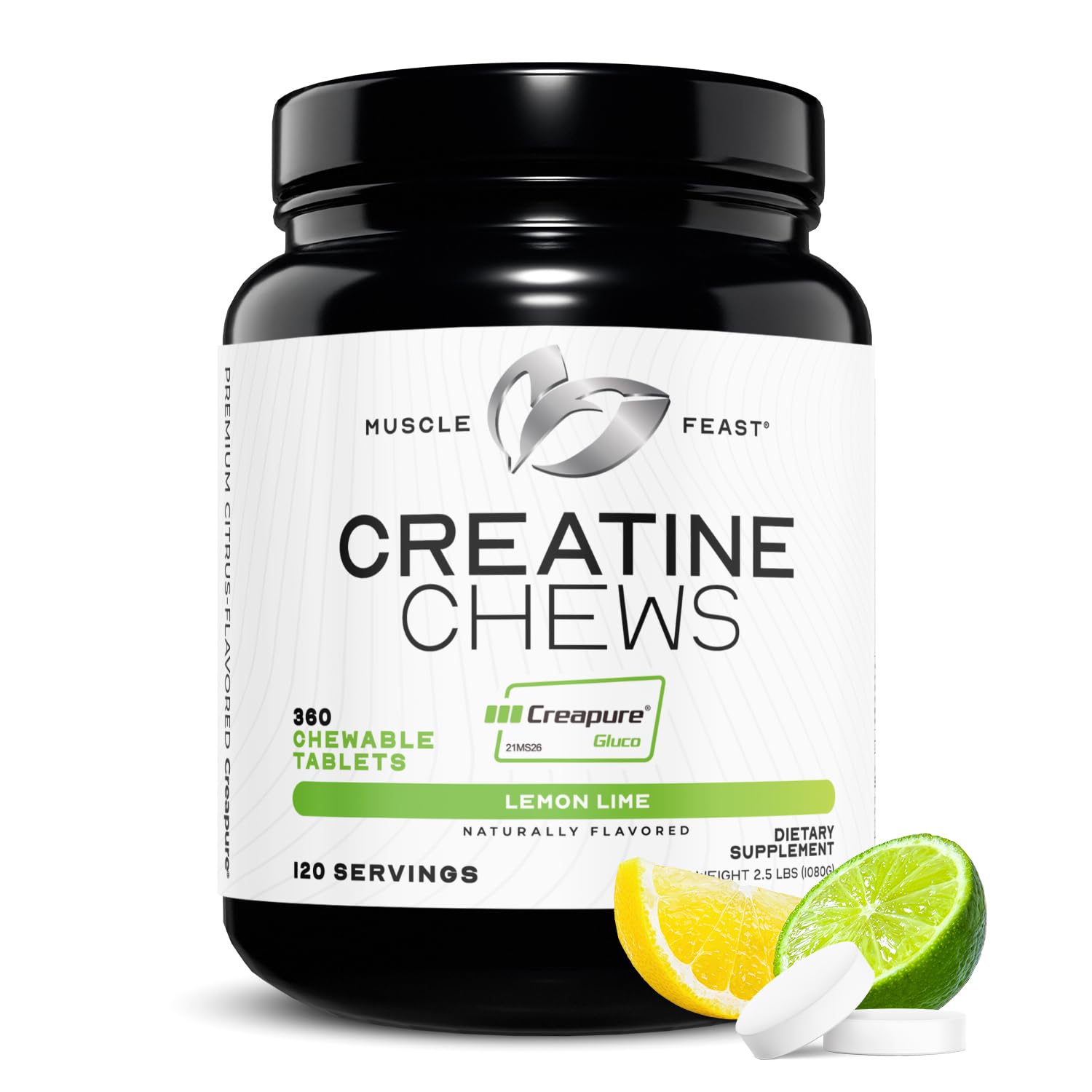 Muscle Feast Creatine Chewables bottle front for convenient daily supplementation