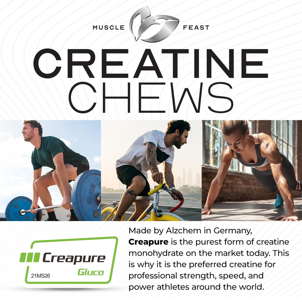 Muscle Feast Creatine Chewables close-up showing chewable tablet texture for easy dosing