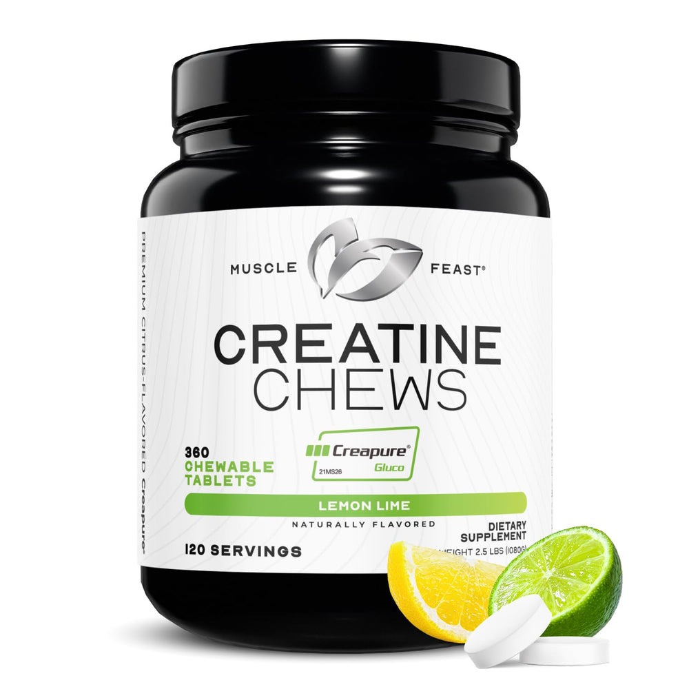 Front view of Muscle Feast Creatine Monohydrate Chewables Lemon Lime 360 Tabs