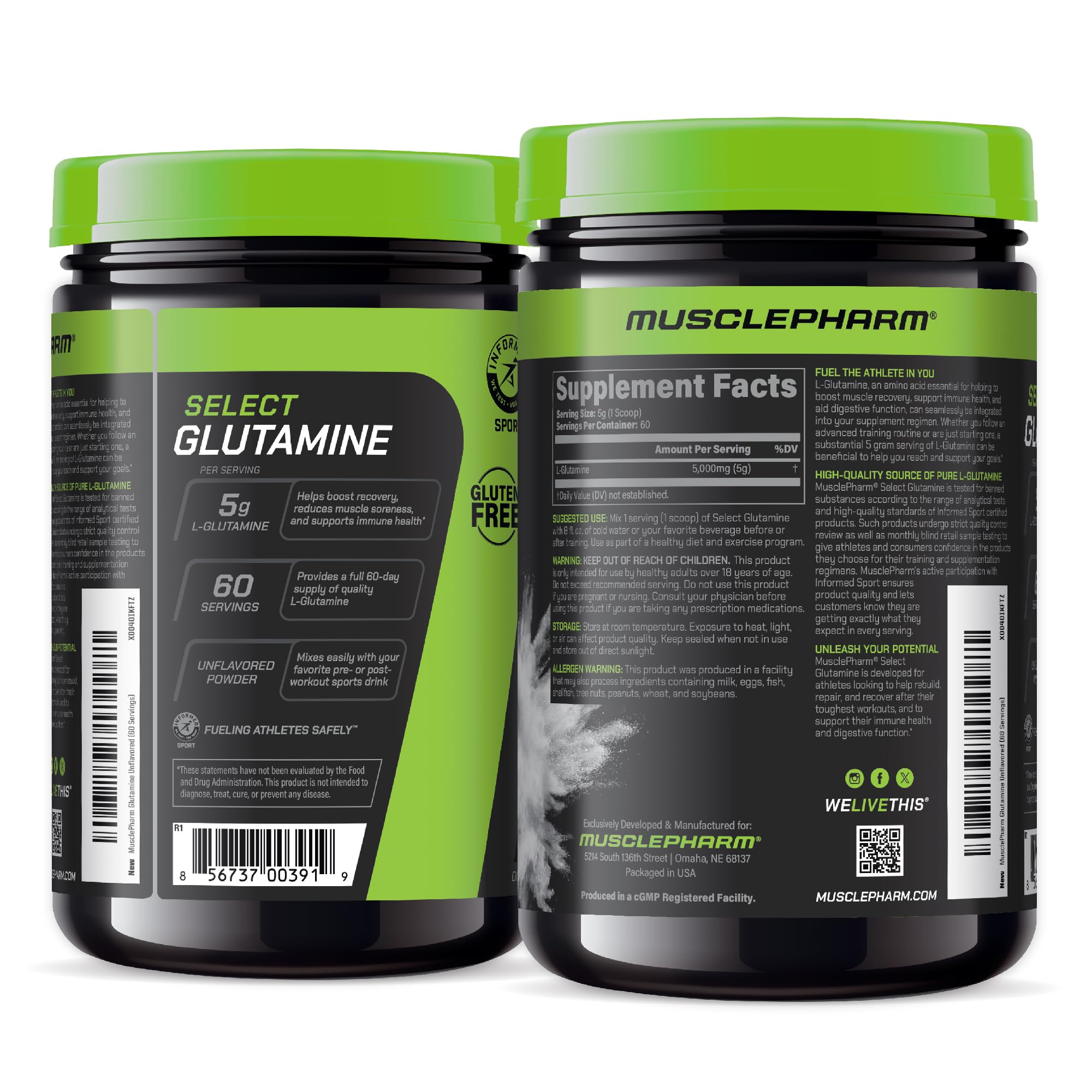 Gluten-free badge on MusclePharm Glutamine packaging