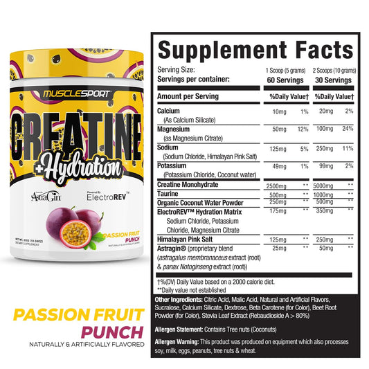 Serving scoop of Musclesport Creatine Hydration Passionfruit powder being mixed in water