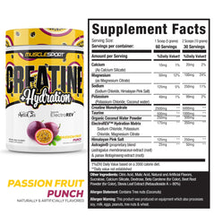 Serving scoop of Musclesport Creatine Hydration Passionfruit powder being mixed in water