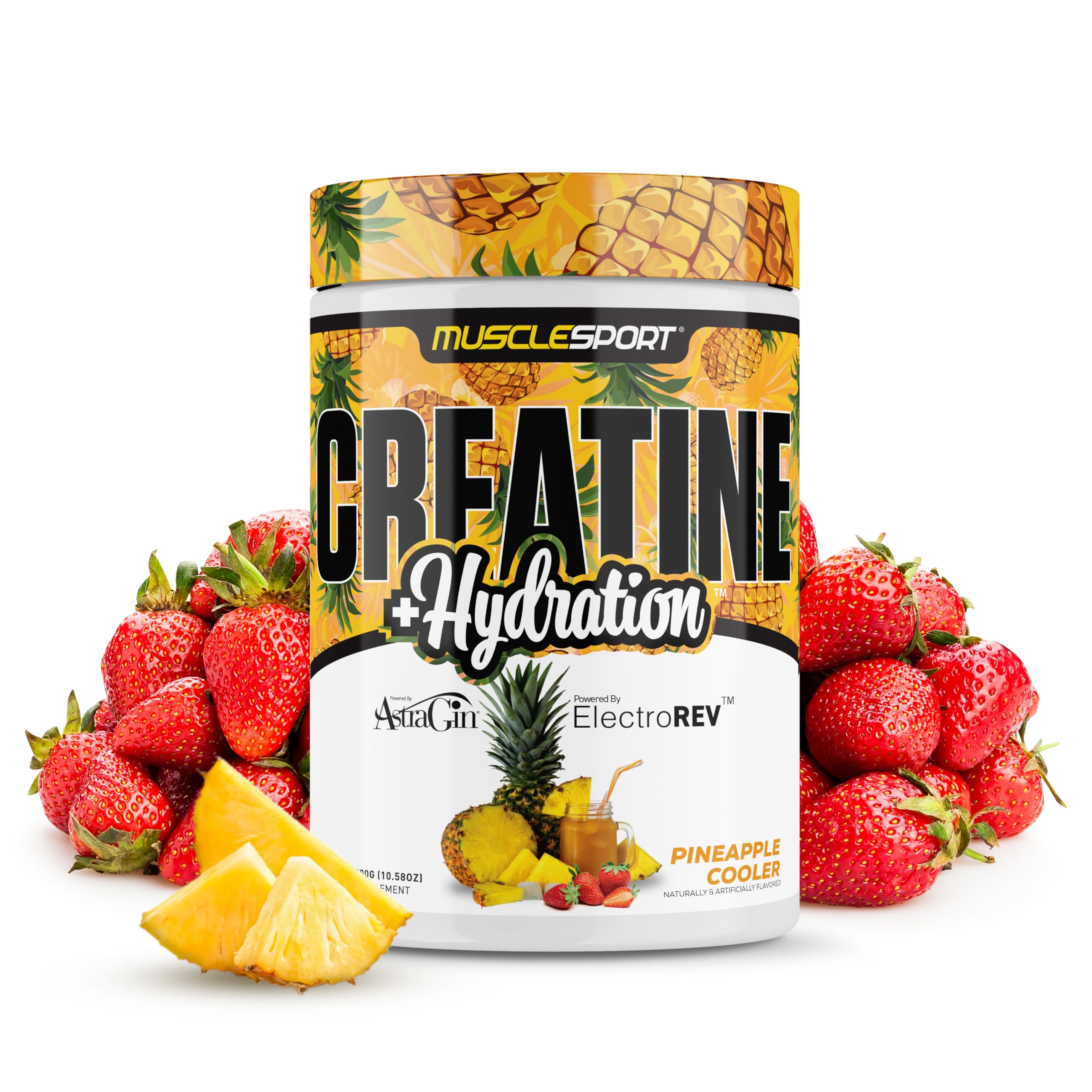 Musclesport Creatine Hydration 300g Pineapple Cooler tub front view