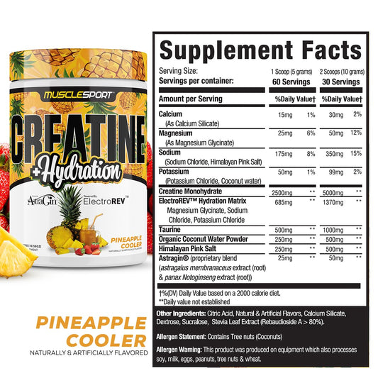 Serving with scoop of Musclesport Creatine Hydration Pineapple Cooler mixed in water