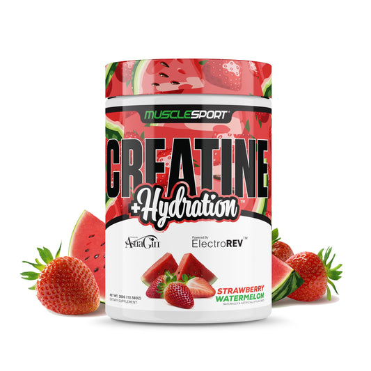 Musclesport Creatine Hydration 300g Strawberry Watermelon tub and label