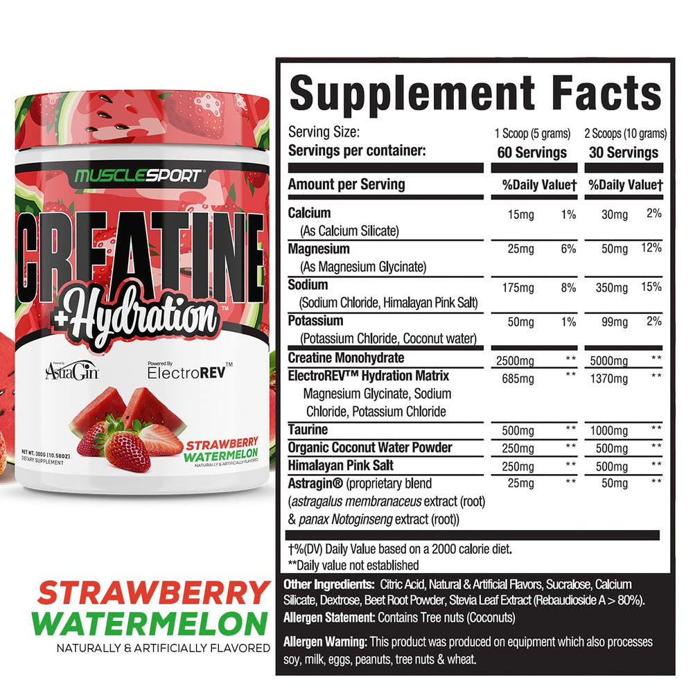 Close-up of Musclesport Creatine Hydration Strawberry Watermelon flavor powder