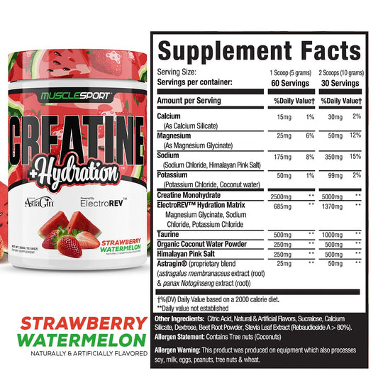 Close-up of Musclesport Creatine Hydration Strawberry Watermelon flavor powder