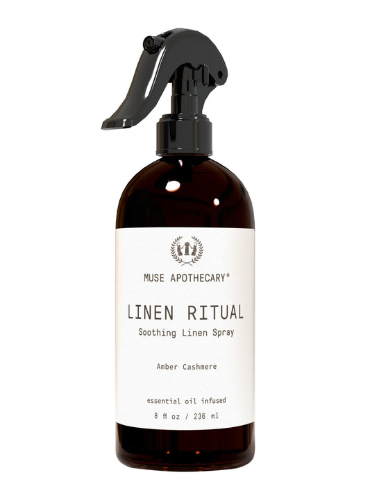 Muse Apothecary Linen Ritual Aromatherapy Linen Mist bottle front with amber glass, 8 oz