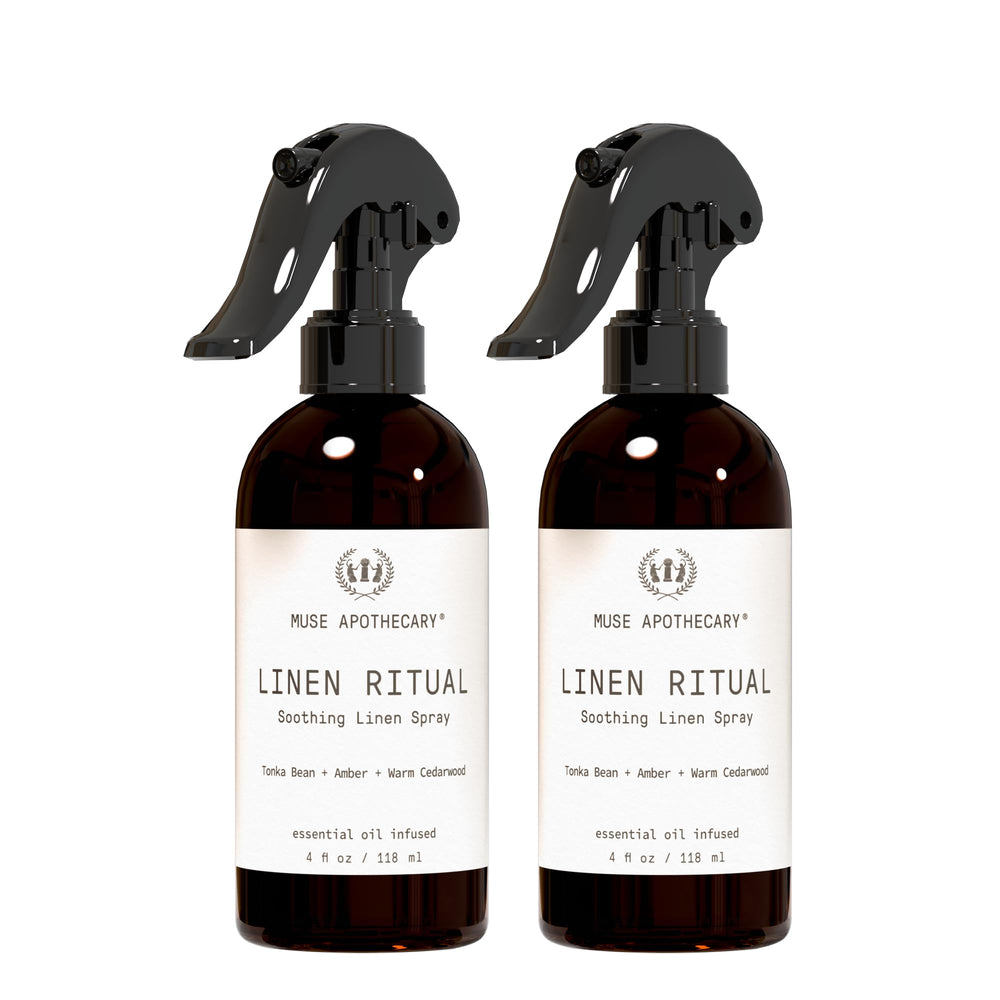 4 oz Muse Apothecary Linen Ritual Mist bottle with amber-tonka bean scent