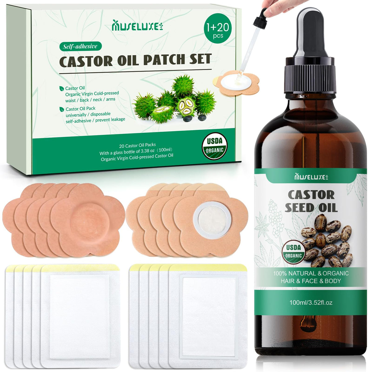MuseLuxe 21-piece castor oil pack wrap with glass bottle