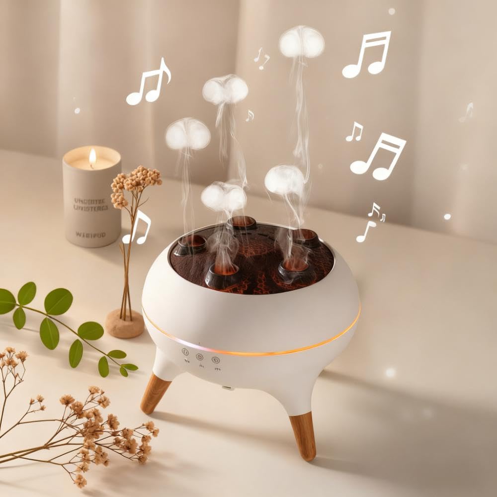 Front view of Mushroom Cloud Humidifier with white spherical body and wood-tone supports
