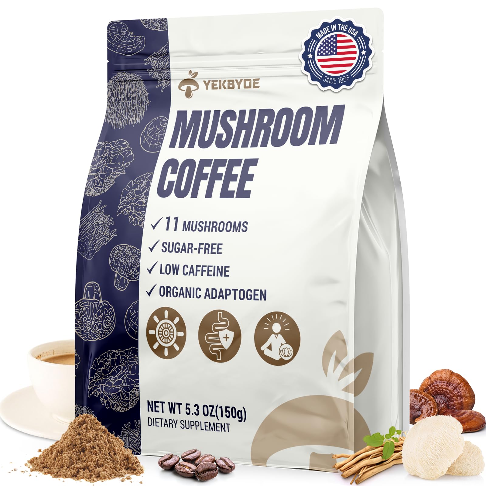 Hero image featuring 11 organic mushrooms for Mushroom Coffee