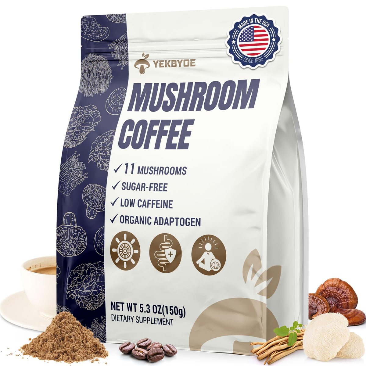 Hero image featuring 11 organic mushrooms for Mushroom Coffee