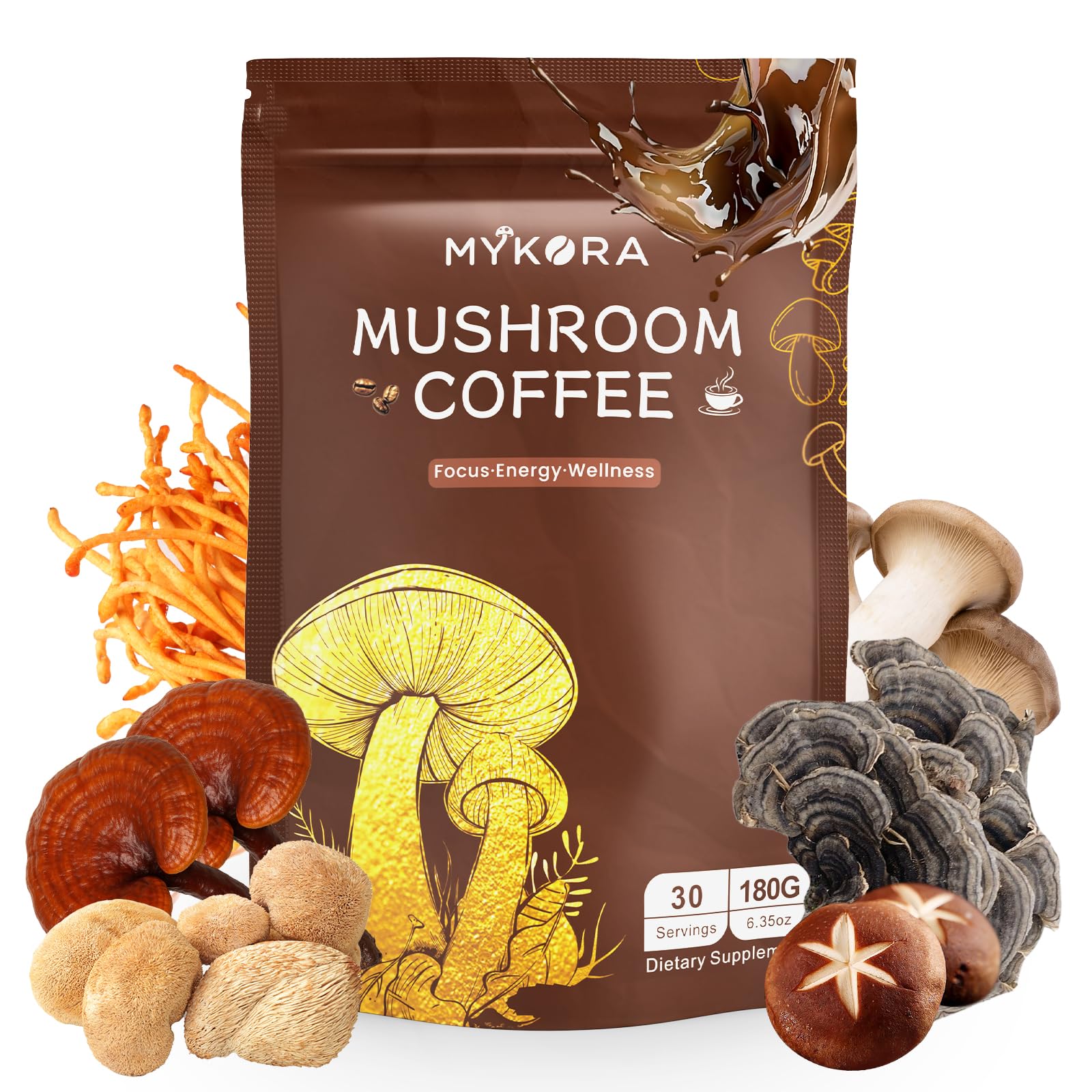 Front of Mushroom Coffee 2000mg packaging with MYKORA logo