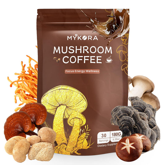 Front of Mushroom Coffee 2000mg packaging with MYKORA logo