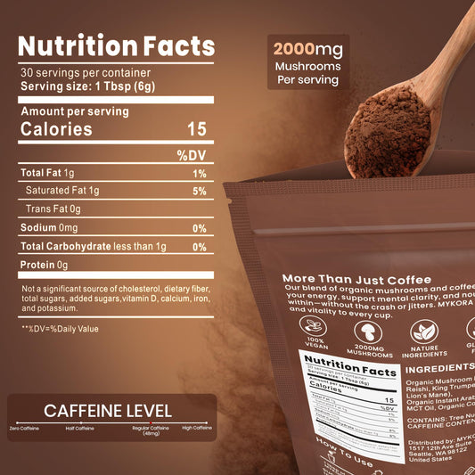 Close-up of organic Arabica beans with mushroom powder scoop