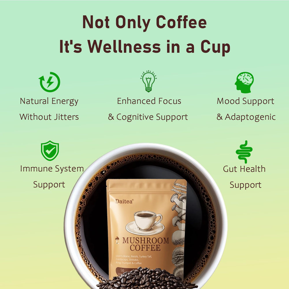 Prepared mushroom coffee showing smooth, low-acid profile