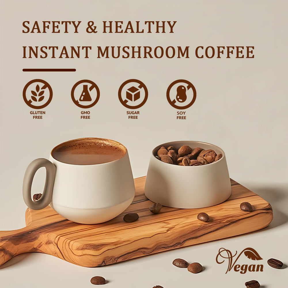 Six adaptogenic mushrooms: Cordyceps, Reishi, Lion's Mane, Shiitake, Turkey Tail, King Trumpet