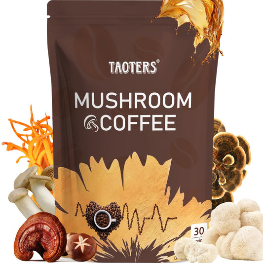Mushroom coffee with six adaptogenic mushrooms: Cordyceps, Reishi, Lion's Mane, Shiitake, Turkey Tail, and King Trumpet
