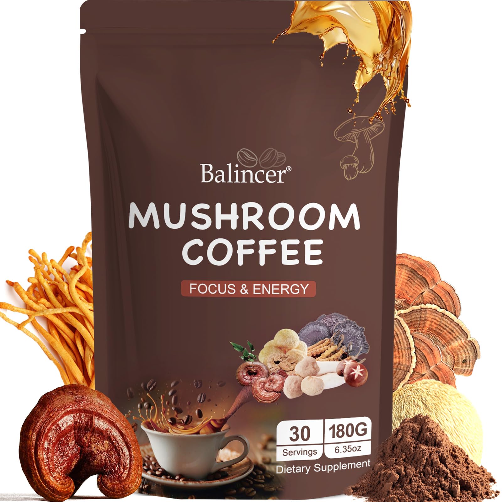 Hero image of Mushroom Coffee with six adaptogenic mushrooms and instant coffee