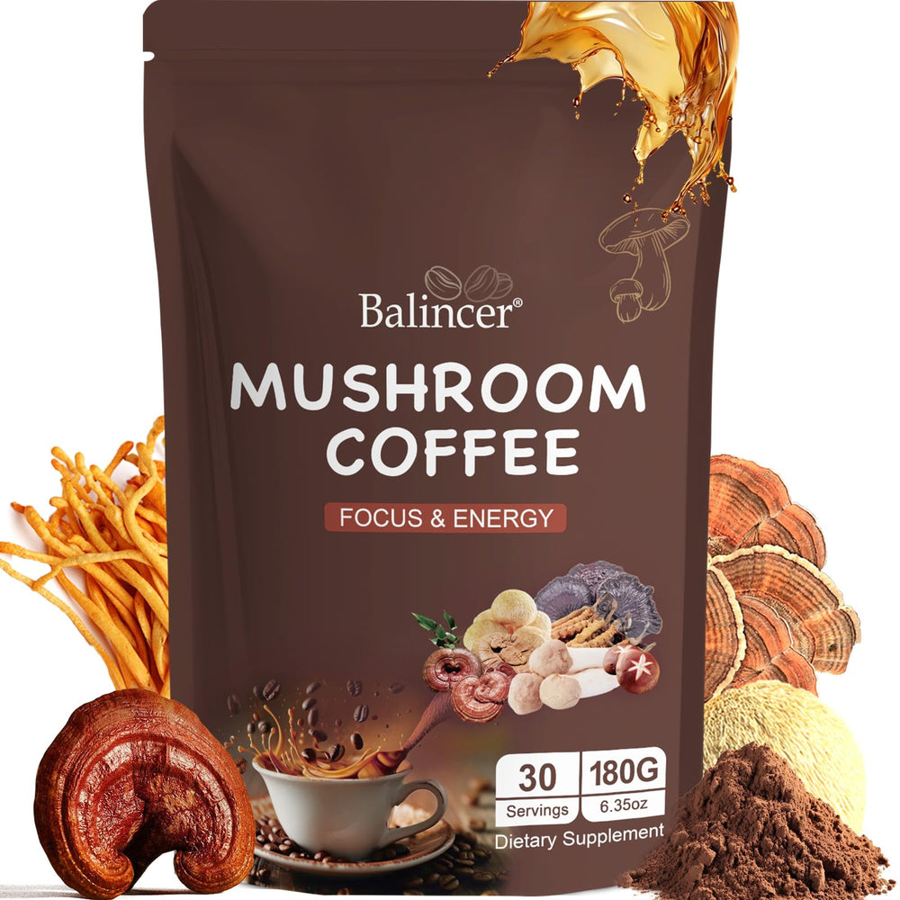 Hero image of Mushroom Coffee with six adaptogenic mushrooms and instant coffee