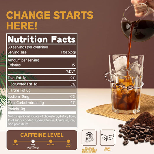 Close-up of six functional mushrooms used in the blend: Cordyceps, Lion’s Mane, Reishi, Shiitake, Turkey Tail, King Trumpet