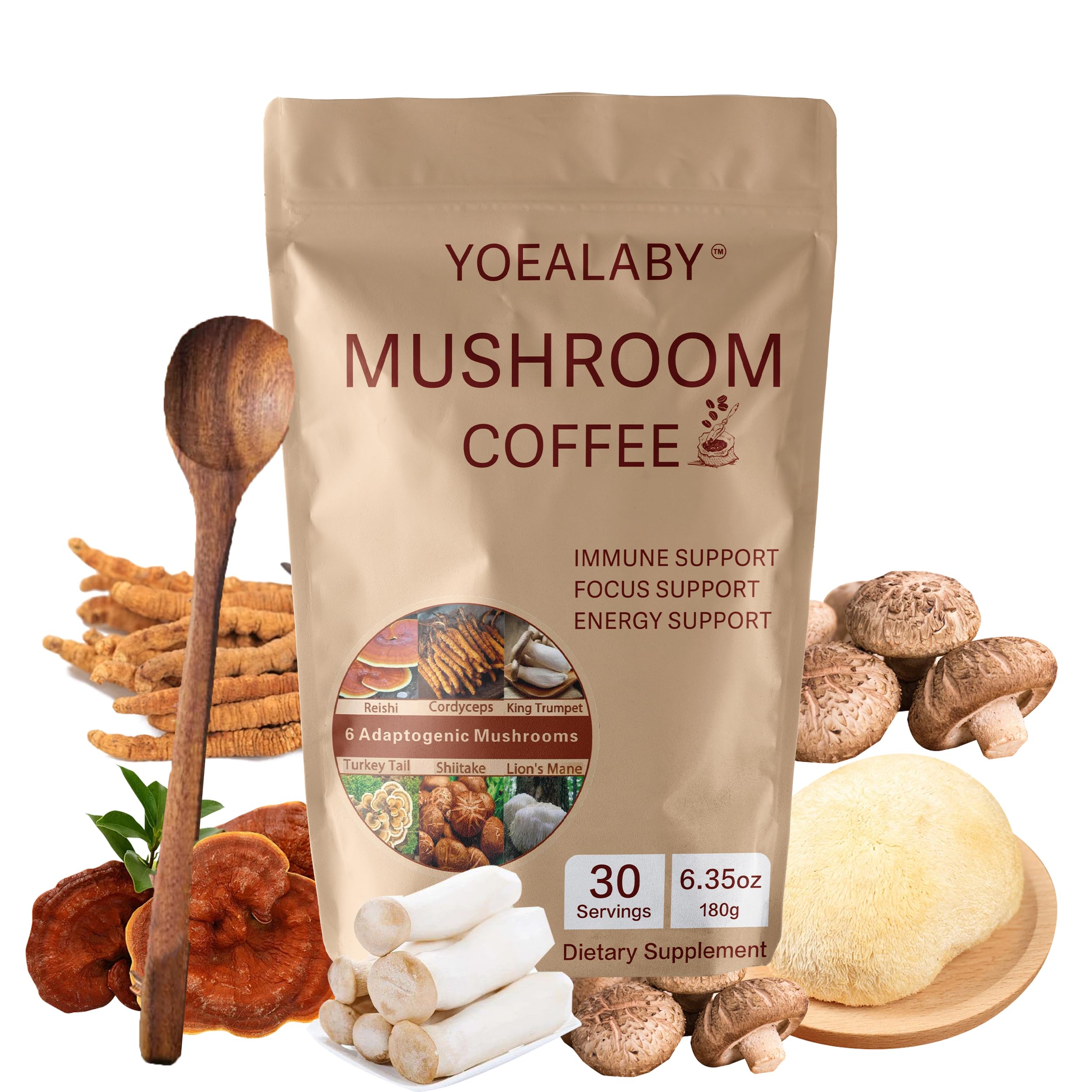 Six-mushroom coffee blend with Lion's Mane, Reishi, Cordyceps, Shiitake, King Trumpet, Turkey Tail