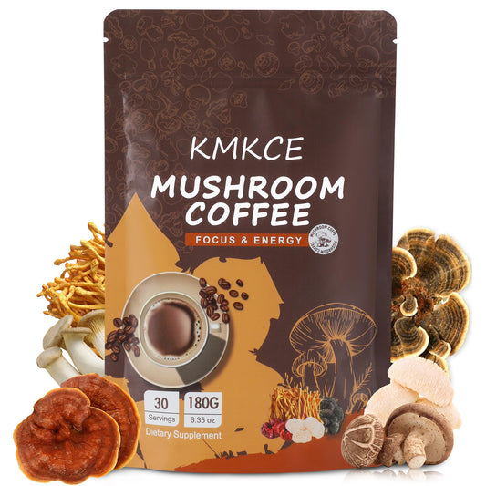 Mushroom coffee with 6 premium mushrooms and 30 servings label