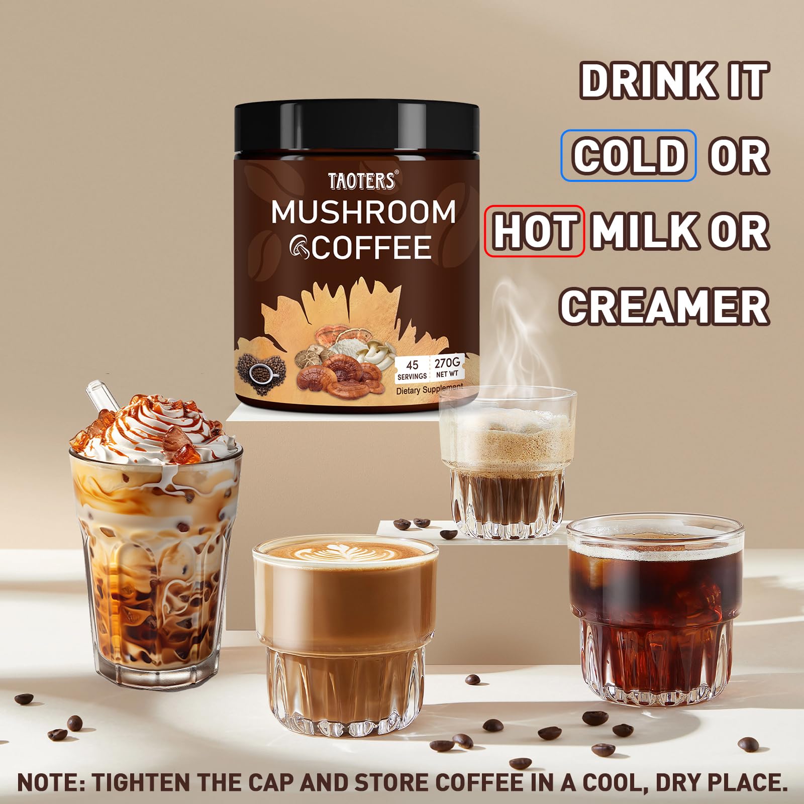 270g package of mushroom coffee ensuring 45 servings