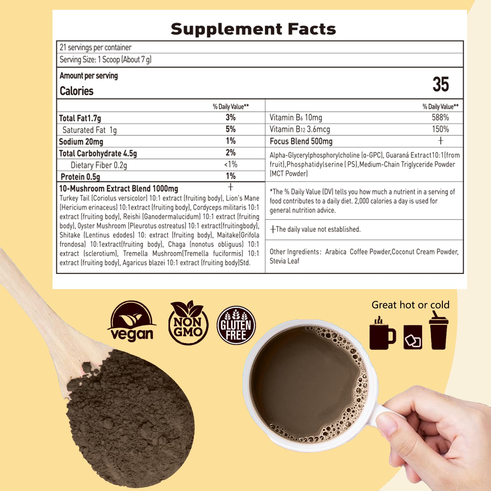 Product canister labeled Mushroom Coffee with Focus