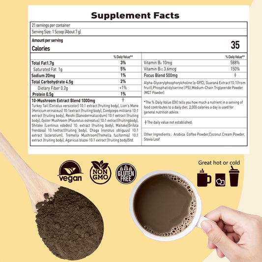 Product canister labeled Mushroom Coffee with Focus